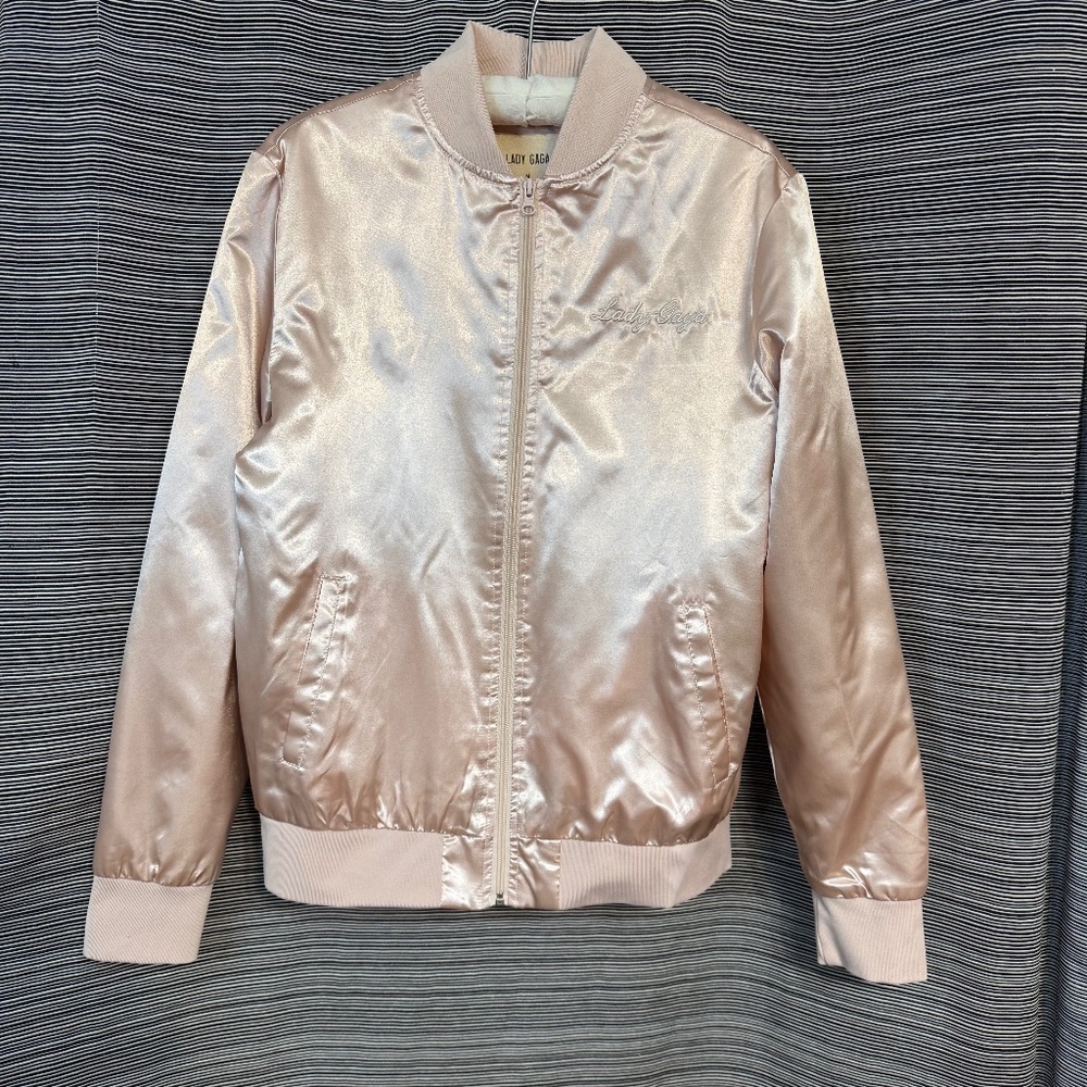 Lady Gaga Pink Satin Quilted Baseball Jacket Size Medium